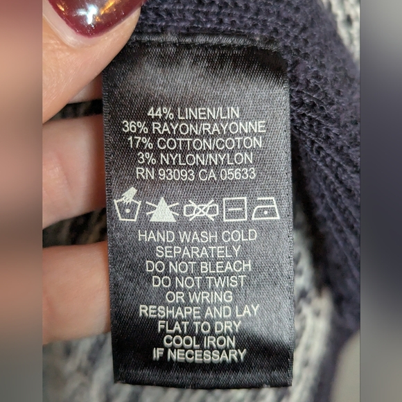 NIC+ZOE Linen Blend Textured Knit Cardigan Jacket Navy White Open Front Large - Picture 9 of 14